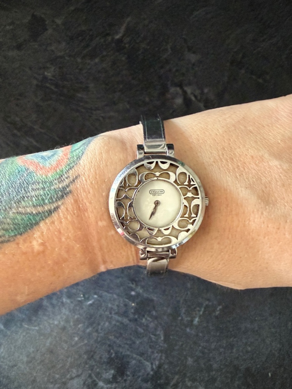 Vintage Coach Silver-Tone Openwork Bracelet Watch with Mother-of-Pearl Dial